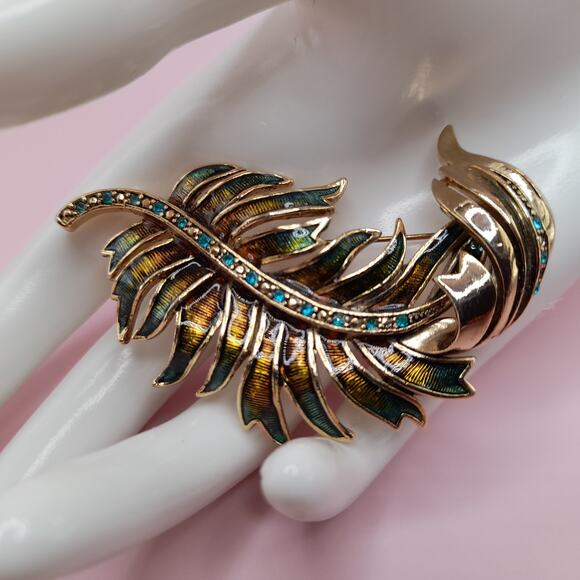Vintage Monet Feather Brooch, Green Rhinestones, Brown Enamel, 2 3/4 Inches - Picture 2 of 7
